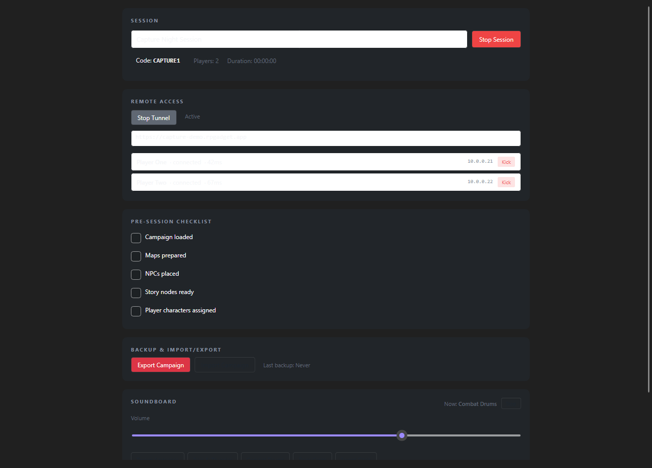 RPGadget current active session settings and remote access control