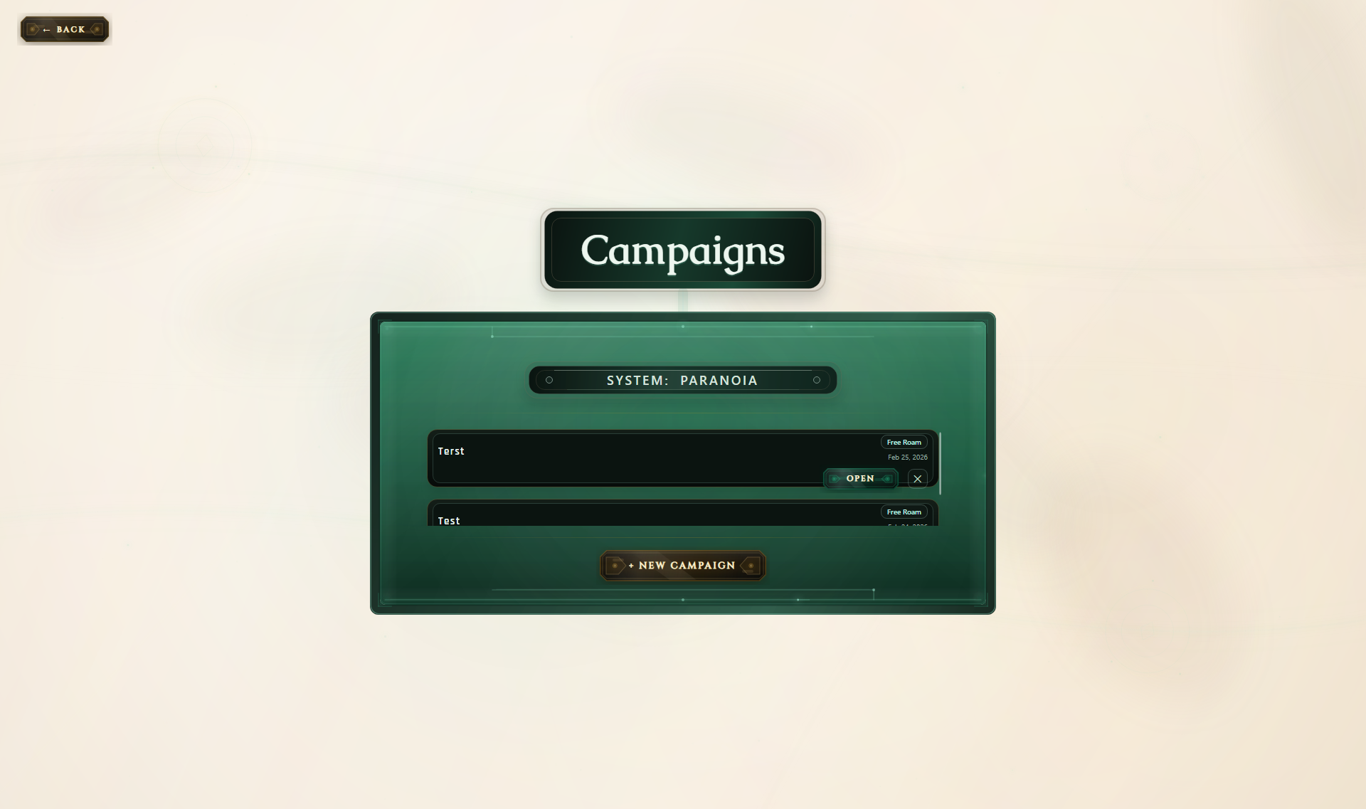 RPGadget current campaign select showing Paranoia campaigns