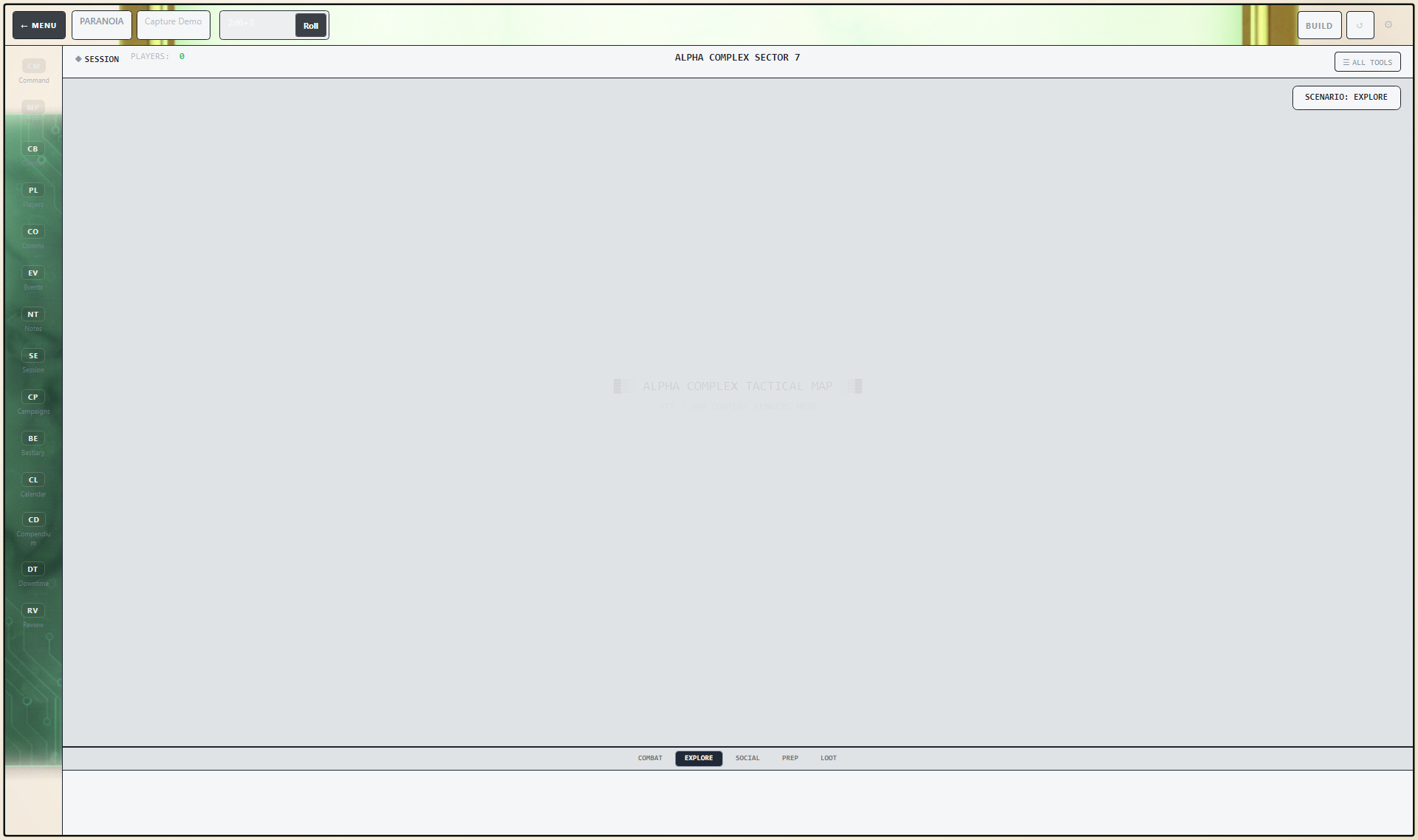 RPGadget GM workspace play view for a Paranoia campaign