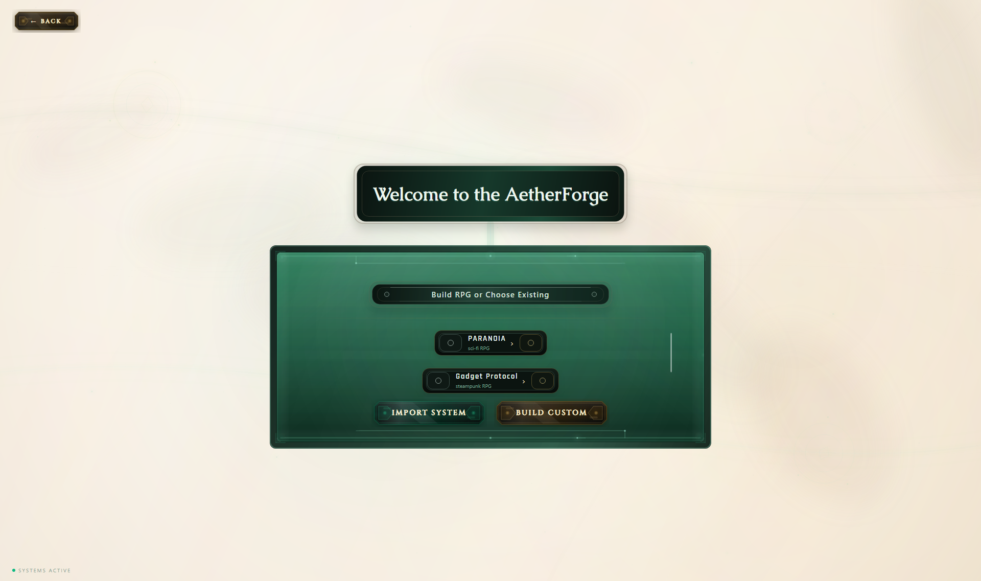 RPGadget current system hub and AetherForge entry screen